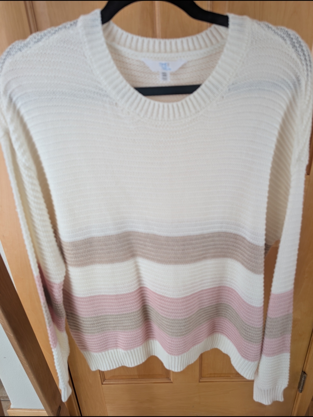 Time and Tru Cream Sweater with Pink and Taupe Stripe Accents